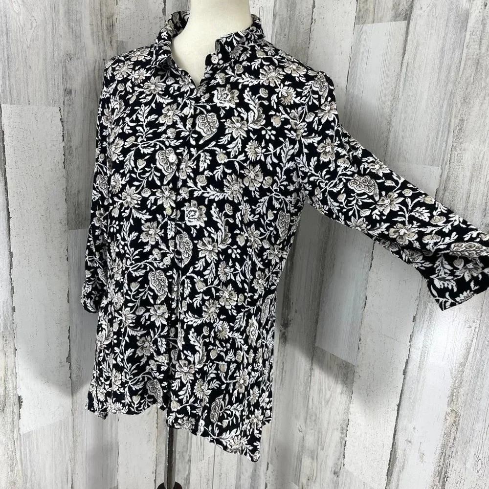 J. Jill Women's Black Floral Rayon 3/4 Sleeve Button Up Shirt Top Blouse Sz M